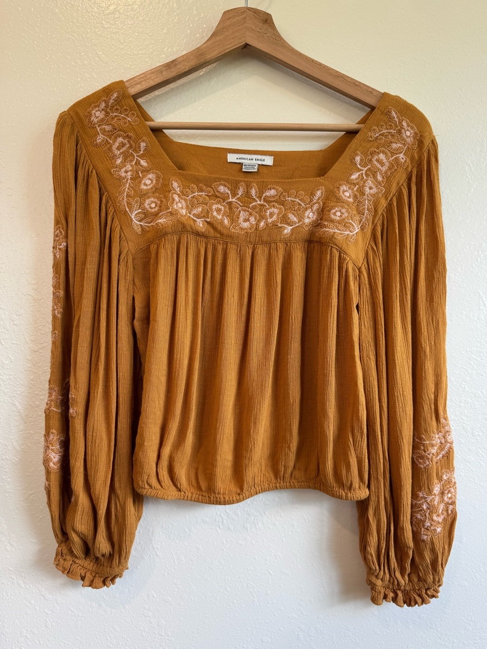 American Eagle Mustard Yellow Embroidered Square-Neck Blouse | Size XS
